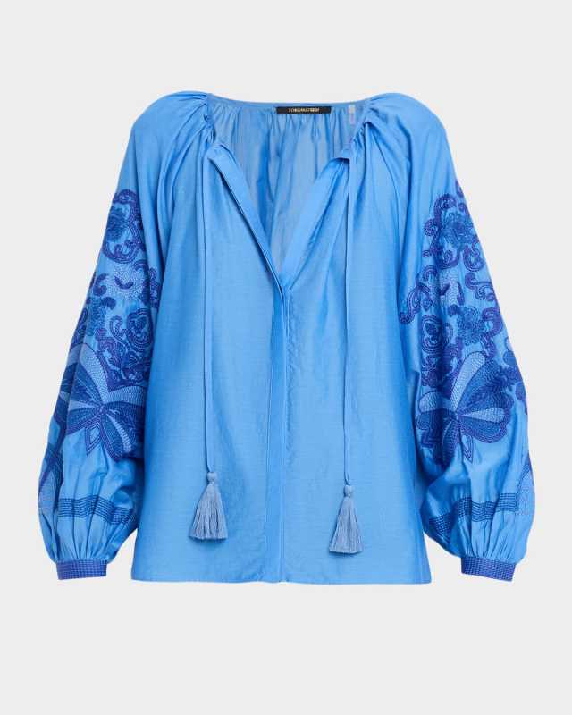 Addie Embroidered Cotton-Silk Blous
